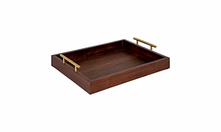 Decorative Wooden Tray in Dark Walnut Brown and Gold with Metal Gold Handles, measuring