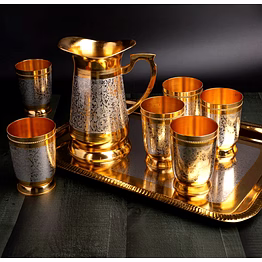 stylish drinkware set consisting of 1 jug, 6 glasses and 1 tray in a velvet gift box (pure brass)