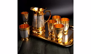 Stylish Drinkware set consisting of 1 Jug, 6 Glasses and 1 Tray in a Velvet Gift Box (Pure Brass)