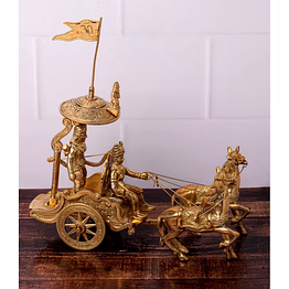 antique brass showpiece of lord krishna and arjun on a chariot, arjun rath