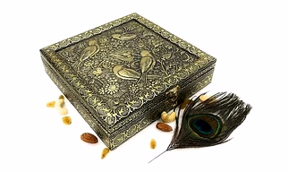 Golden colour Decorative, Handicraft Empty Dry Fruit Gift Box/Marriage Gift Box/Wooden DryFruit Box/Sweets Box/Gift Box, Supari Box (Four Section Box)