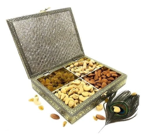 Golden colour Decorative, Handicraft Empty Dry Fruit Gift Box/Marriage Gift Box/Wooden DryFruit Box/Sweets Box/Gift Box, Supari Box (Four Section Box)-1