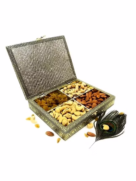 Golden colour Decorative, Handicraft Empty Dry Fruit Gift Box/Marriage Gift Box/Wooden DryFruit Box/Sweets Box/Gift Box, Supari Box (Four Section Box)-1