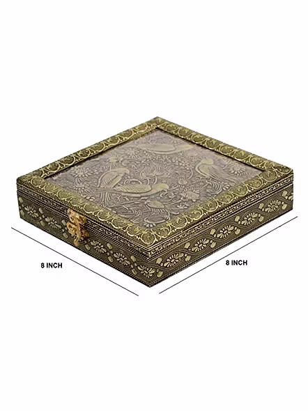 Golden colour Decorative, Handicraft Empty Dry Fruit Gift Box/Marriage Gift Box/Wooden DryFruit Box/Sweets Box/Gift Box, Supari Box (Four Section Box)-2
