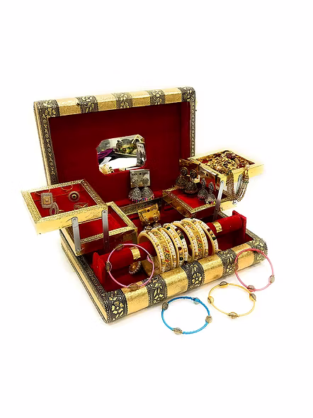 Handicrafts Hand Crafted Vanity Box Jewelry Holder, Makeup Box, Bangle Holder Vanity Box Jewelry Holder, Makeup Box, Bangle Holder Vanity Box (Golden)-1