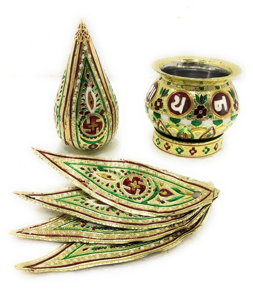 Mangal Kalash Set Meenakari Work for Puja Kalash in Temple Home Decor Decorative Lota Narial Patta (loti nariyer minakari)-4