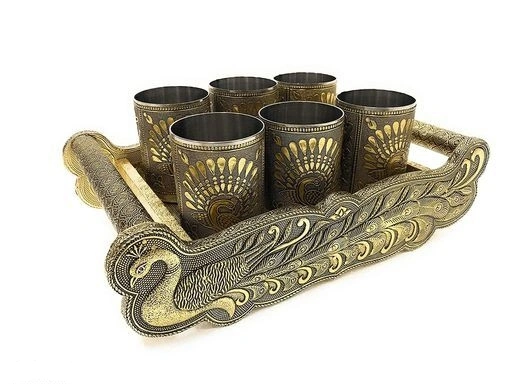 Meenakari Wooden Serving Tray,Indian Traditional Peacock Design Water Drinking Glass,Tray Serving Set,Water Serving Tray &amp;Glass.-OxidizedPeacockTRY