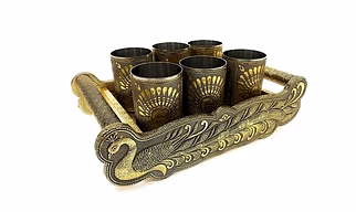 Meenakari Wooden Serving Tray,Indian Traditional Peacock Design Water Drinking Glass,Tray Serving Set,Water Serving Tray &Glass.