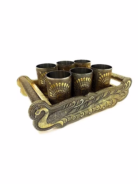 Meenakari Wooden Serving Tray,Indian Traditional Peacock Design Water Drinking Glass,Tray Serving Set,Water Serving Tray &amp;Glass.-OxidizedPeacockTRY