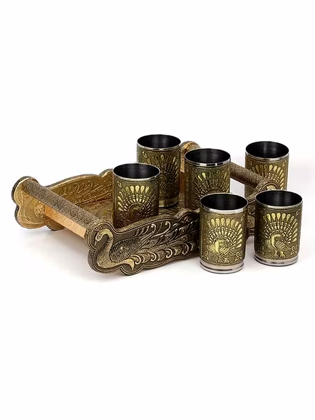 Meenakari Wooden Serving Tray,Indian Traditional Peacock Design Water Drinking Glass,Tray Serving Set,Water Serving Tray &amp;Glass.-1