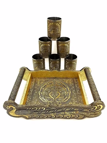 Meenakari Wooden Serving Tray,Indian Traditional Peacock Design Water Drinking Glass,Tray Serving Set,Water Serving Tray &amp;Glass.-2