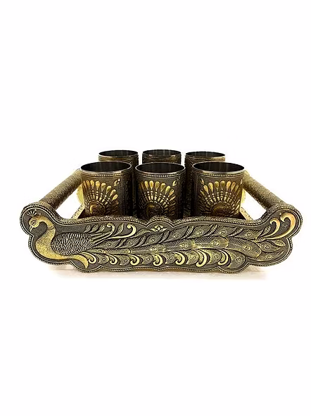 Meenakari Wooden Serving Tray,Indian Traditional Peacock Design Water Drinking Glass,Tray Serving Set,Water Serving Tray &amp;Glass.-3