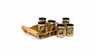 Set of 6 Stain Less Steel Handicrafts Glass Indian Hand Made Meenakari Work Peacock Design Golden Color Diwali Christmas Tumbler Gift Set Item (Golden Glass with Tray)