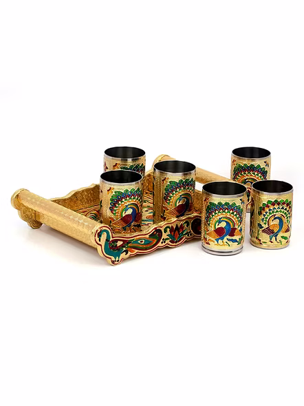 Set of 6 Stain Less Steel Handicrafts Glass Indian Hand Made Meenakari Work Peacock Design Golden Color Diwali Christmas Tumbler Gift Set Item (Golden Glass with Tray)-MEENAPeacockTRY
