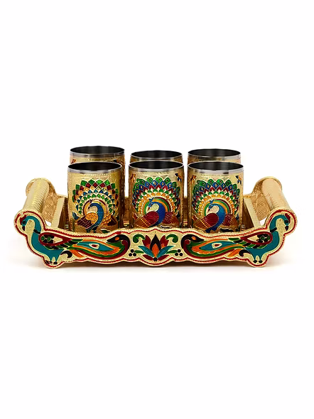 Set of 6 Stain Less Steel Handicrafts Glass Indian Hand Made Meenakari Work Peacock Design Golden Color Diwali Christmas Tumbler Gift Set Item (Golden Glass with Tray)-1
