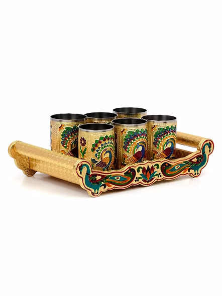 Set of 6 Stain Less Steel Handicrafts Glass Indian Hand Made Meenakari Work Peacock Design Golden Color Diwali Christmas Tumbler Gift Set Item (Golden Glass with Tray)-2