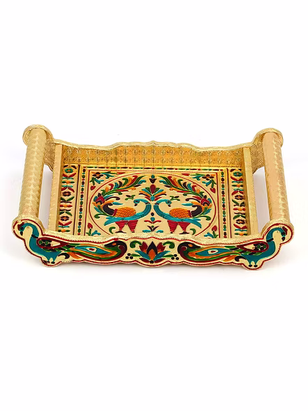 Set of 6 Stain Less Steel Handicrafts Glass Indian Hand Made Meenakari Work Peacock Design Golden Color Diwali Christmas Tumbler Gift Set Item (Golden Glass with Tray)-3