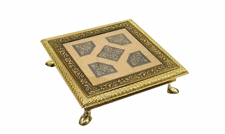 Wooden Meenakari Square Chowki/Patla for House and Office Temple, Pooja Bajot, Chourang Golden