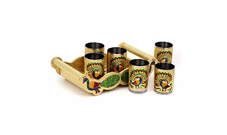 Meenakari Peacock Design Glass with Handle and Handicraft Serving Tray Set Wooden Golden Meenakari Tray, Rectangular