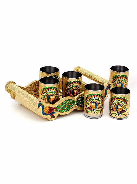 Meenakari Peacock Design Glass with Handle and Handicraft Serving Tray Set Wooden Golden Meenakari Tray, Rectangular-2Peacock