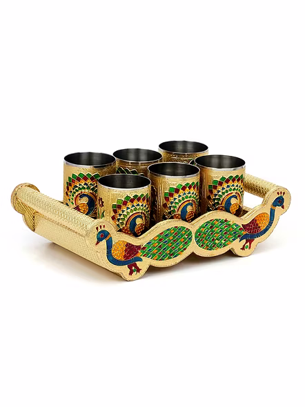 Meenakari Peacock Design Glass with Handle and Handicraft Serving Tray Set Wooden Golden Meenakari Tray, Rectangular-1