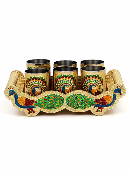 Meenakari Peacock Design Glass with Handle and Handicraft Serving Tray Set Wooden Golden Meenakari Tray, Rectangular-2