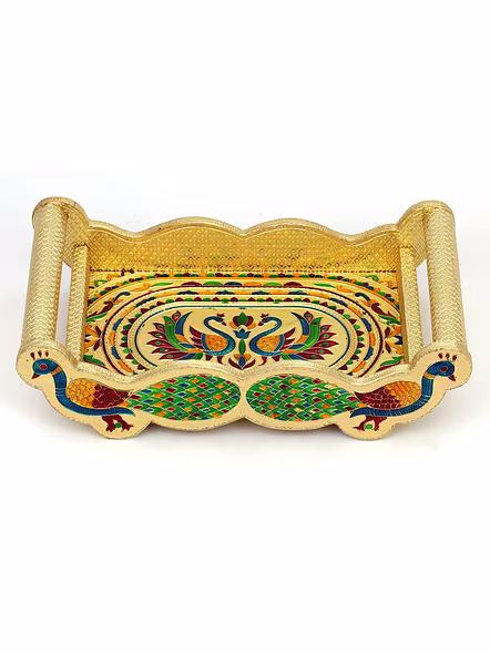 Meenakari Peacock Design Glass with Handle and Handicraft Serving Tray Set Wooden Golden Meenakari Tray, Rectangular-3