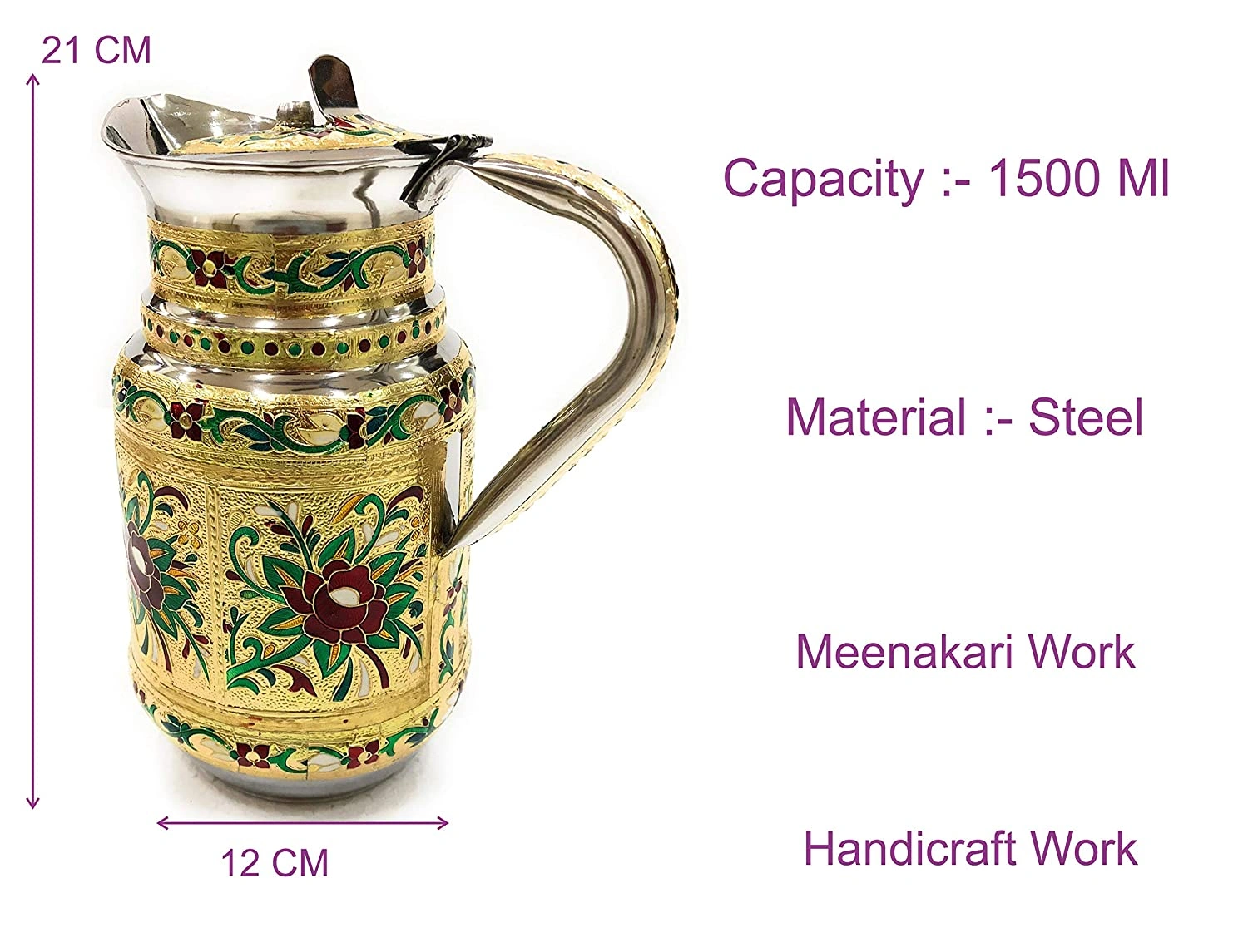 Stainless Steel Meenakari Decorative Floral Jug, Water Pitcher - 1.5 L-4