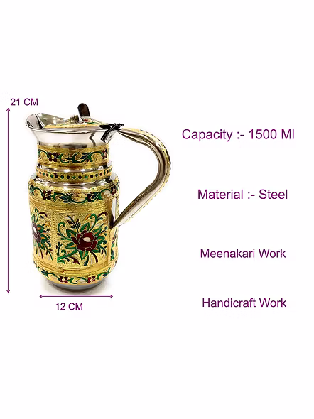 Stainless Steel Meenakari Decorative Floral Jug, Water Pitcher - 1.5 L-4