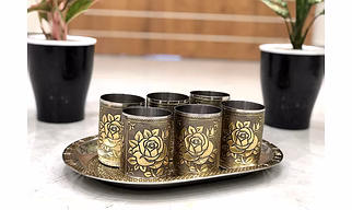 Handicrafts Steel-Meena Worked Golden 6 Glass -Tray Serving Set Diwali Gifts Christmas Gift Dinning Set Tableware Home Utility Glass Set