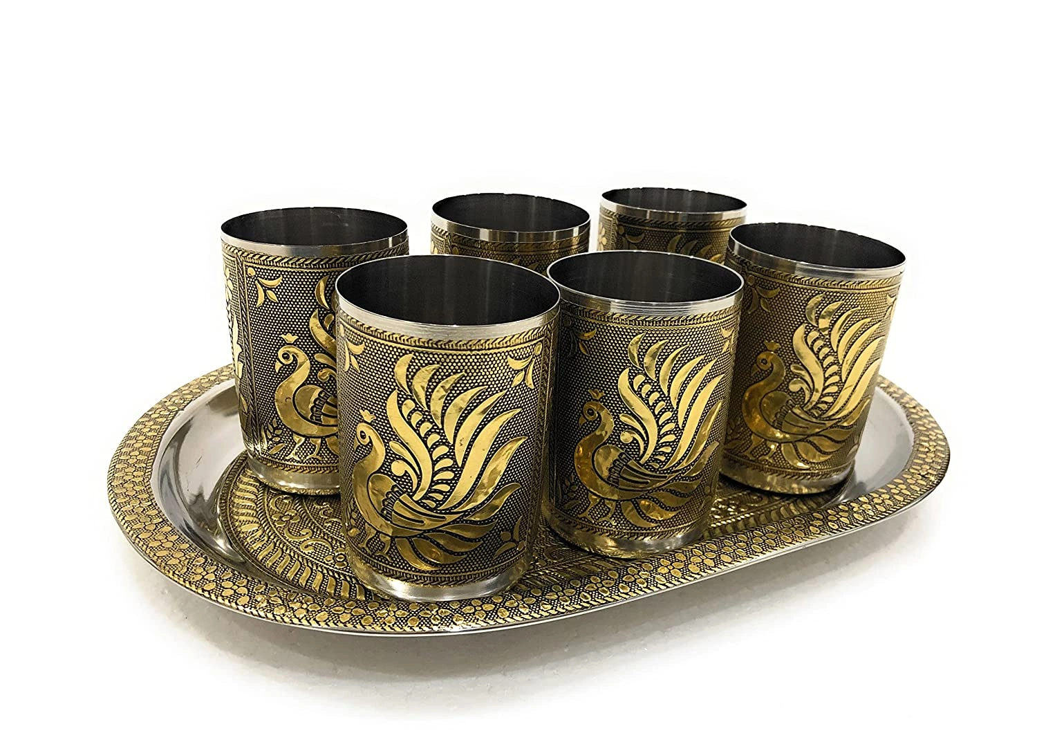 Stainless Steel 6 Glass with Serving Tray, Peacock Design Gold-PeacockTRAY