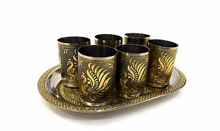 Stainless Steel 6 Glass with Serving Tray, Peacock Design Gold