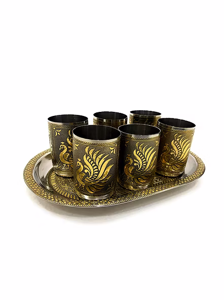 Stainless Steel 6 Glass with Serving Tray, Peacock Design Gold-PeacockTRAY