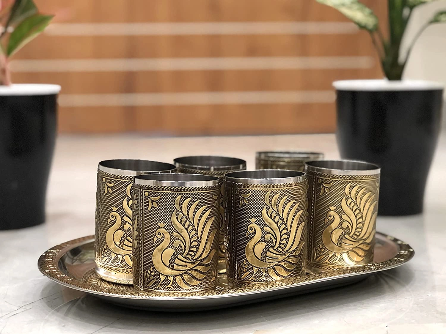 Stainless Steel 6 Glass with Serving Tray, Peacock Design Gold-1