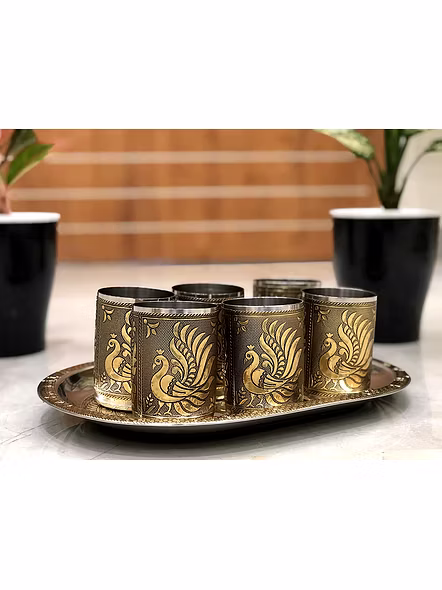 Stainless Steel 6 Glass with Serving Tray, Peacock Design Gold-1