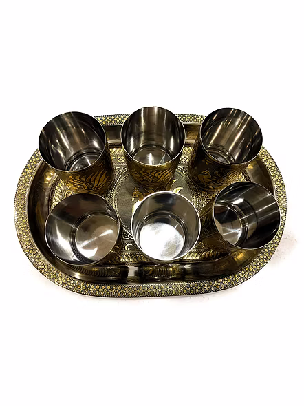 Stainless Steel 6 Glass with Serving Tray, Peacock Design Gold-2