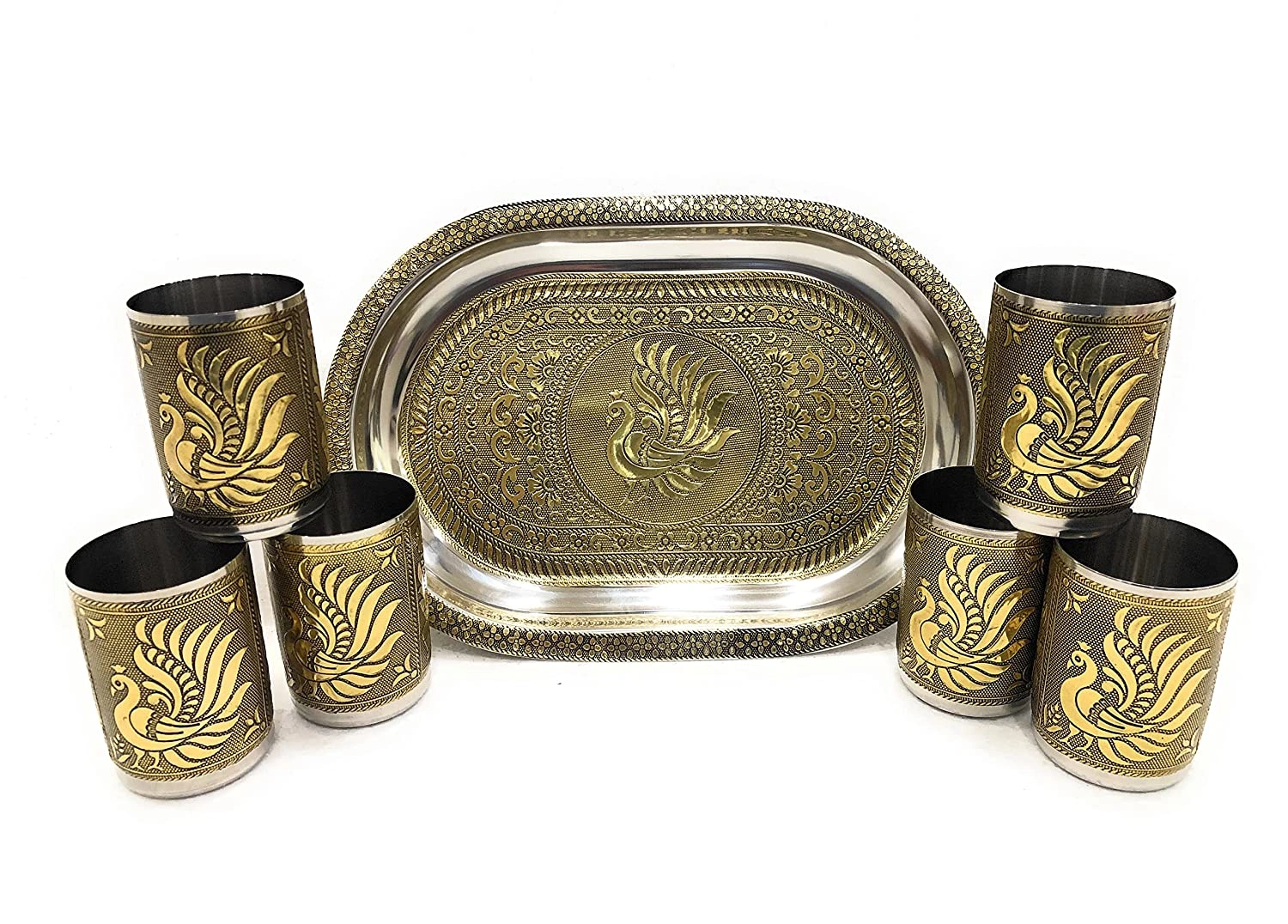 Stainless Steel 6 Glass with Serving Tray, Peacock Design Gold-3