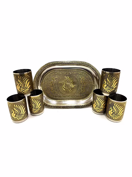 Stainless Steel 6 Glass with Serving Tray, Peacock Design Gold-3