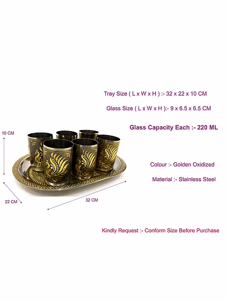 Stainless Steel 6 Glass with Serving Tray, Peacock Design Gold-4