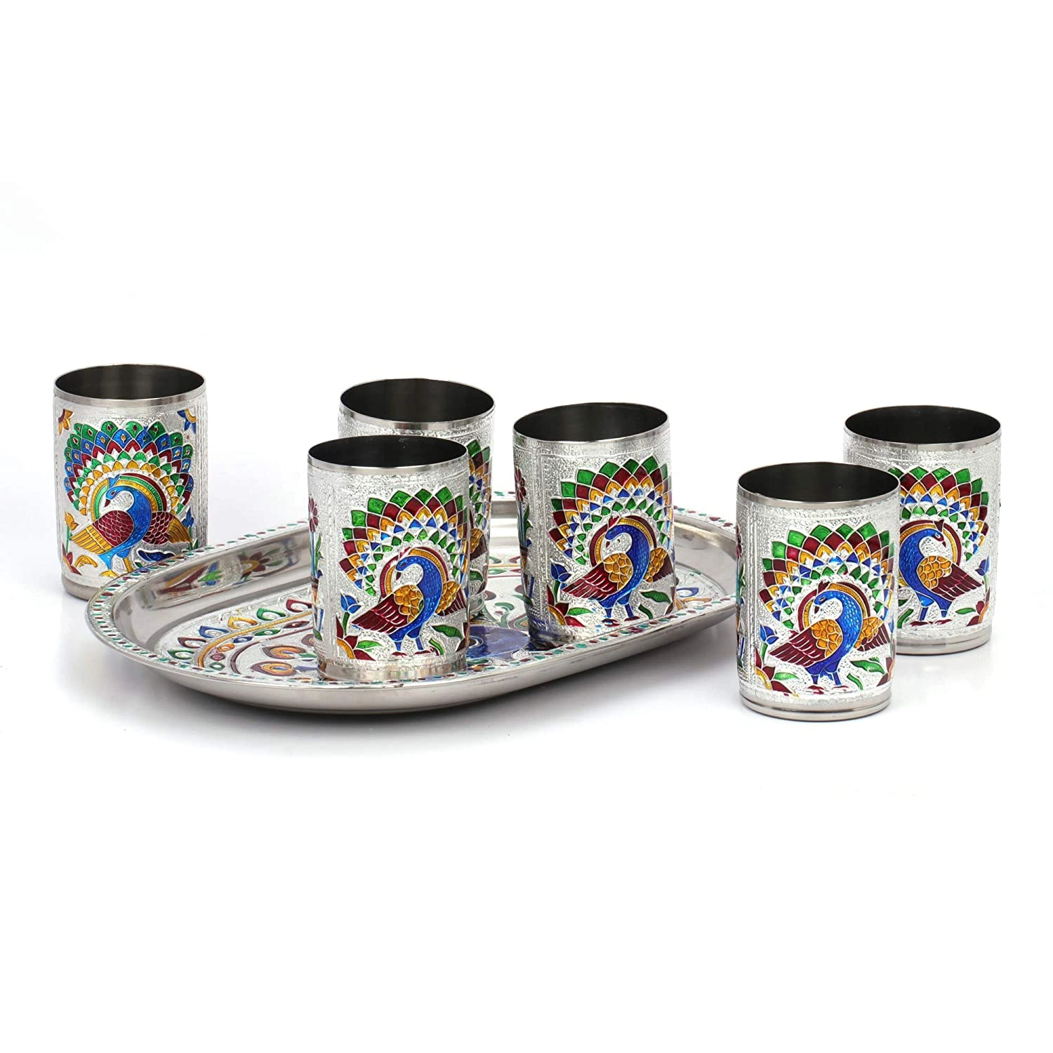 Handicrafts Steel-Meena Worked Silver Looking 6glass -Tray Serving Set-SILVERTRAY