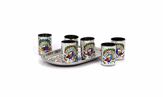 Handicrafts Steel-Meena Worked Silver Looking 6glass -Tray Serving Set