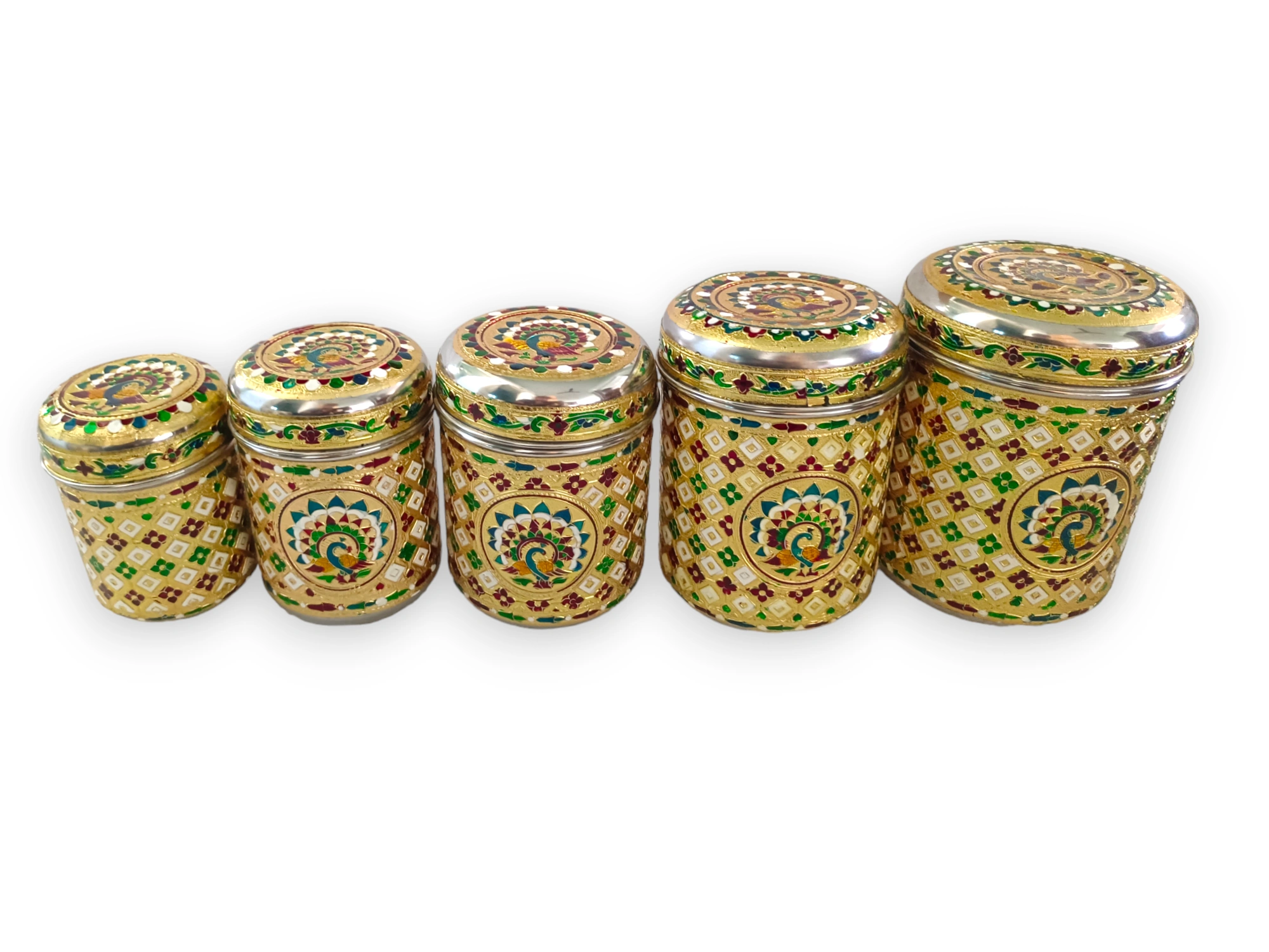 Meenakari Steel Dabba Box Set (Set of 5) Decorative Stainless Steel Container Box, Meenakari Storage Box / Chapati Box/ Roti Box, Multicolour and design-UBHIDABI5