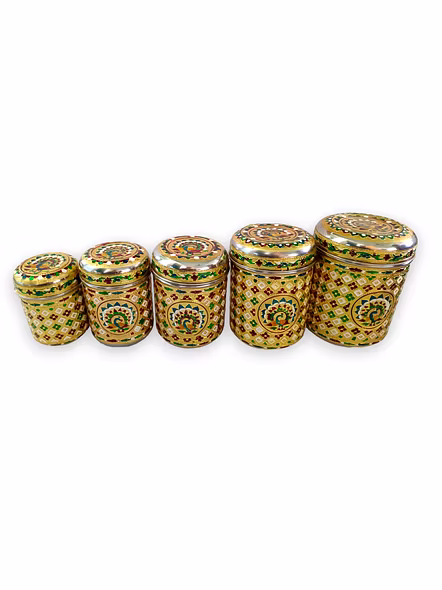 Meenakari Steel Dabba Box Set (Set of 5) Decorative Stainless Steel Container Box, Meenakari Storage Box / Chapati Box/ Roti Box, Multicolour and design-UBHIDABI5