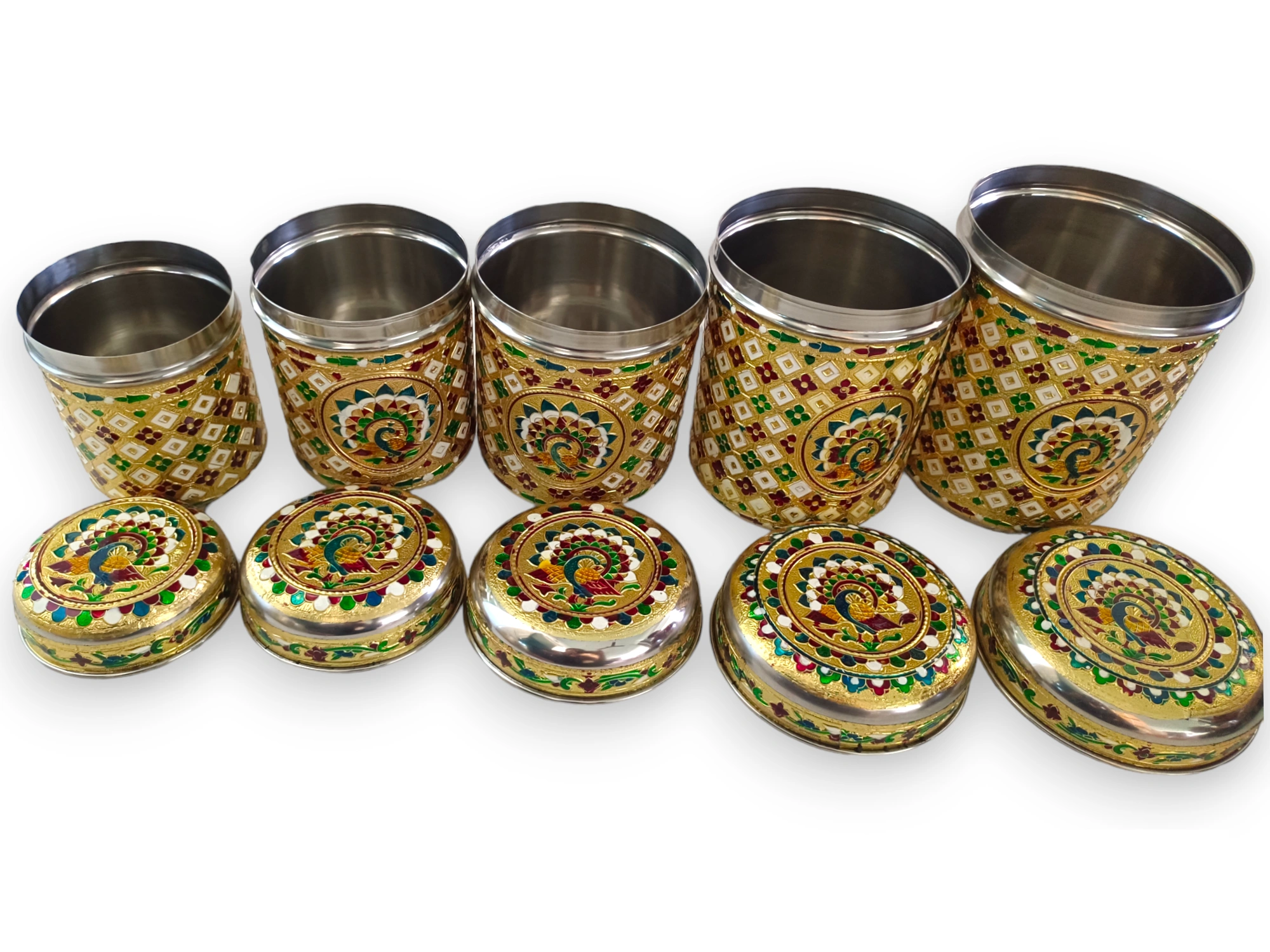 Meenakari Steel Dabba Box Set (Set of 5) Decorative Stainless Steel Container Box, Meenakari Storage Box / Chapati Box/ Roti Box, Multicolour and design-1