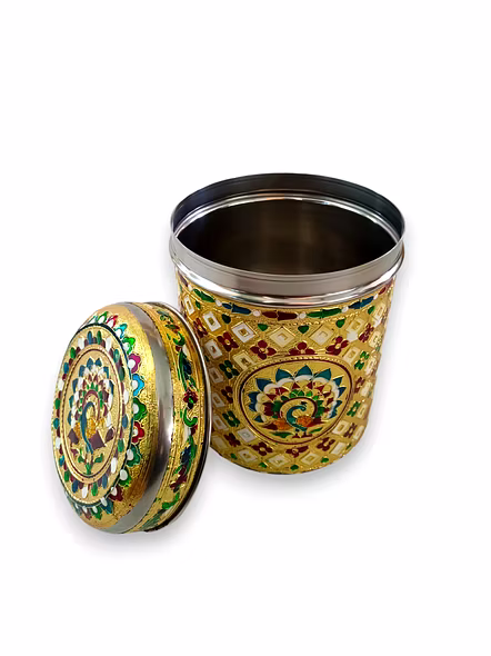 Meenakari Steel Dabba Box Set (Set of 5) Decorative Stainless Steel Container Box, Meenakari Storage Box / Chapati Box/ Roti Box, Multicolour and design-3