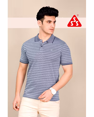 MEN T-SHIRT, COLLAR BIRD EYE VERTICAL STRIPES LOGO CATALOGUE-6