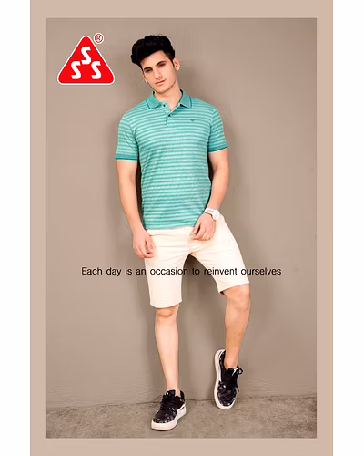 MEN T-SHIRT, COLLAR BIRD EYE VERTICAL STRIPES LOGO CATALOGUE-5