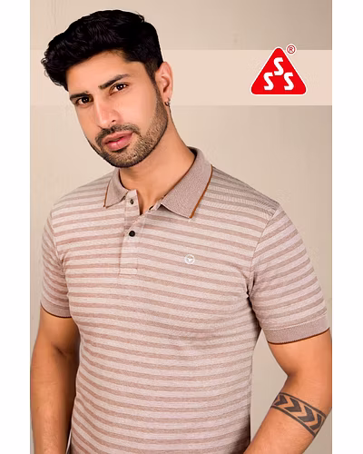 MEN T-SHIRT, COLLAR BIRD EYE VERTICAL STRIPES LOGO CATALOGUE-4