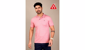 MEN T-SHIRT, COLLAR BIRD EYE VERTICAL STRIPES LOGO CATALOGUE