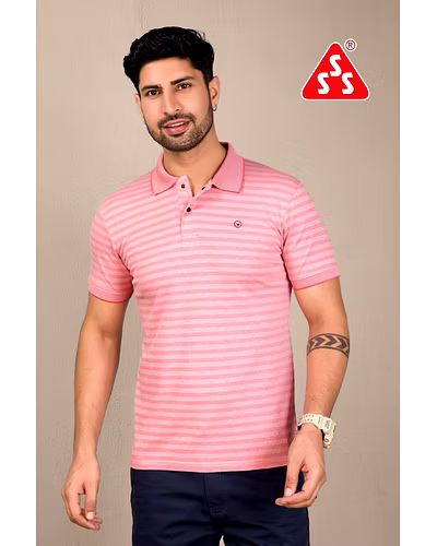 MEN T-SHIRT, COLLAR BIRD EYE VERTICAL STRIPES LOGO CATALOGUE-12567180
